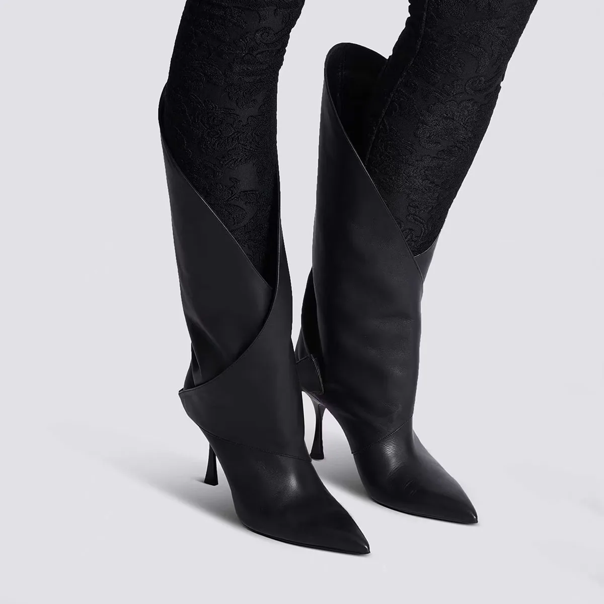 Arden Furtado Women's Autumn Beige Pointed Toe High Heel Knee High Boots Slip-On V-Tube Mouth Modern Large Size