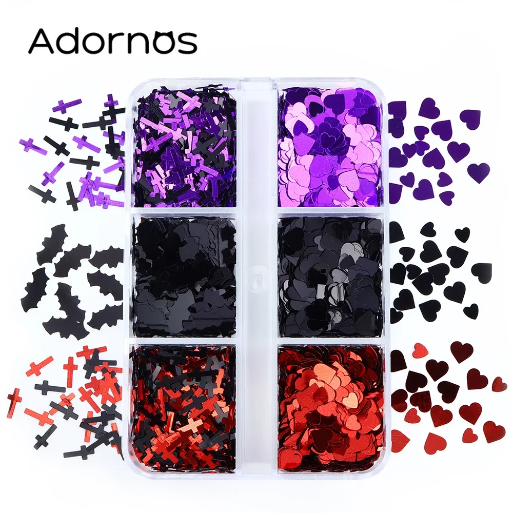 6 Grids Black Red Purple Resin Sequins Epoxy Resin Filling Bat Cross Love Heart Mixed Halloween DIY Filler For Resin Shaker Mold