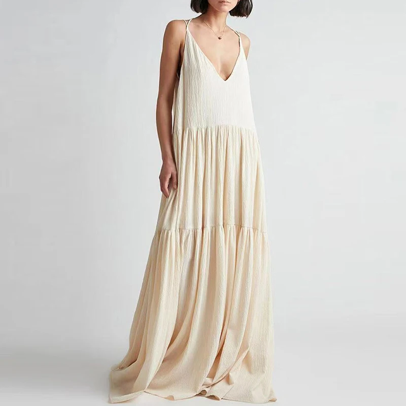 

Fashion Backless Beach Long Dress Summer Lady V Neck High Waist Pleated Robe Dress Sexy Hollow Sleeveless Solid Suspender Dress