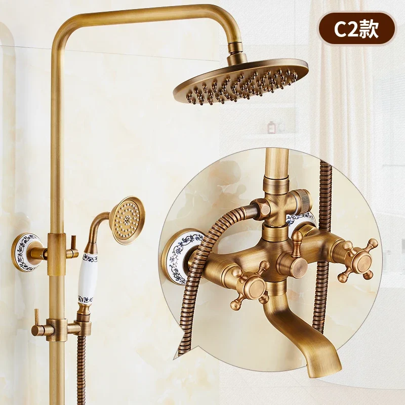 ZGRK Antique Rain Shower Faucets Set with Hand Wall Mounted Brass Shower Mixer for Bathroom Bath Rainfall Shower Set