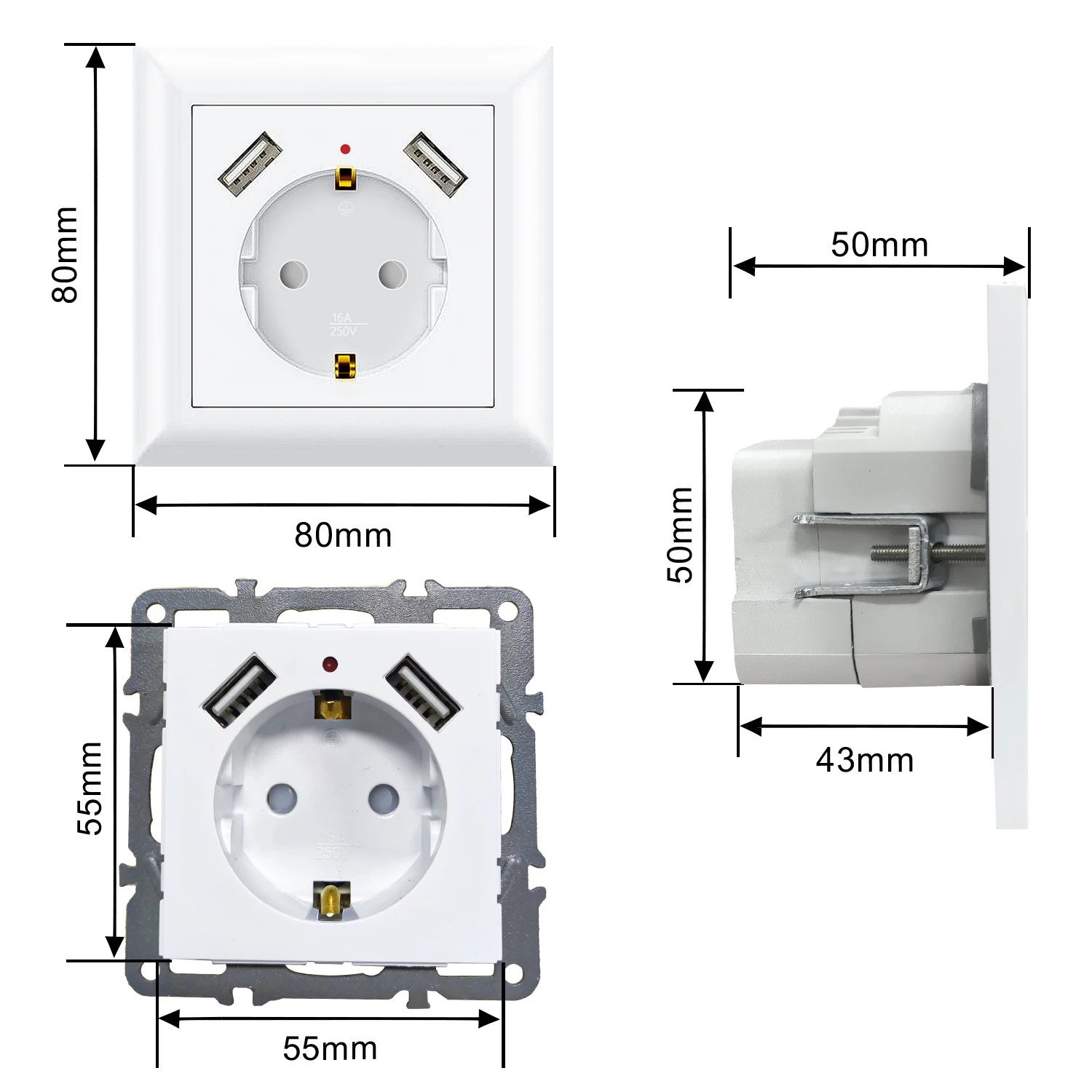 1/2pcs EU Double USB Wall Socket Phone Charge Schuko Power Socket Adapter Ground Plug Electrical Outlet for Tablet, White