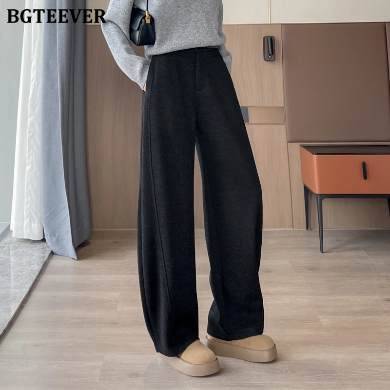 BGTEEVER Pantaloni dritti da donna caldi addensati casual Autunno Inverno Moda Vita alta Tasche femminili larghe Pantaloni da tuta a gamba larga