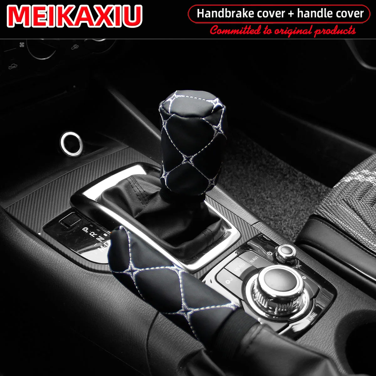 2 Sets PU Fiber Leather Embroidered Comfortable Car Handbrake Cover Handle Set Manual Transmission Car General Purpose