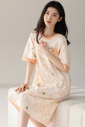 Plus Size Women's Nightgown Summer Ice Silk Dresses Cute Style Women's Knee Length Dresses Home Short Sleeve O Neck Dresses