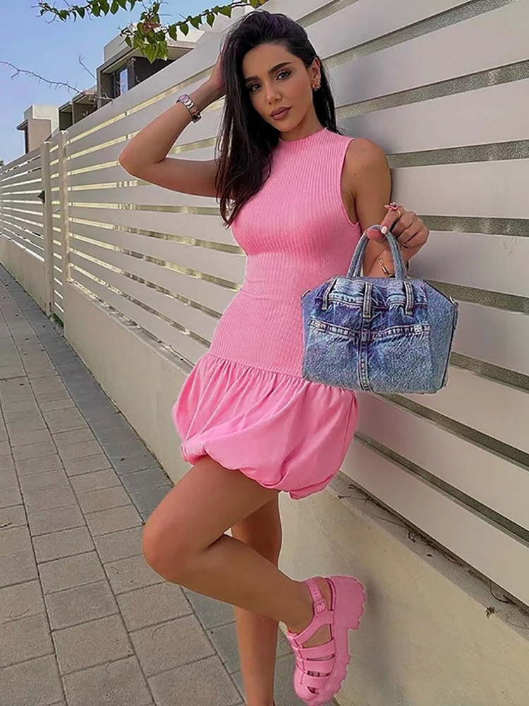 Summer Elegant Knitting Sleeveless Backless Short Bubble Ball Women\'S Dresses Elegant Evening Casual Clothing Y2K Streetwear
