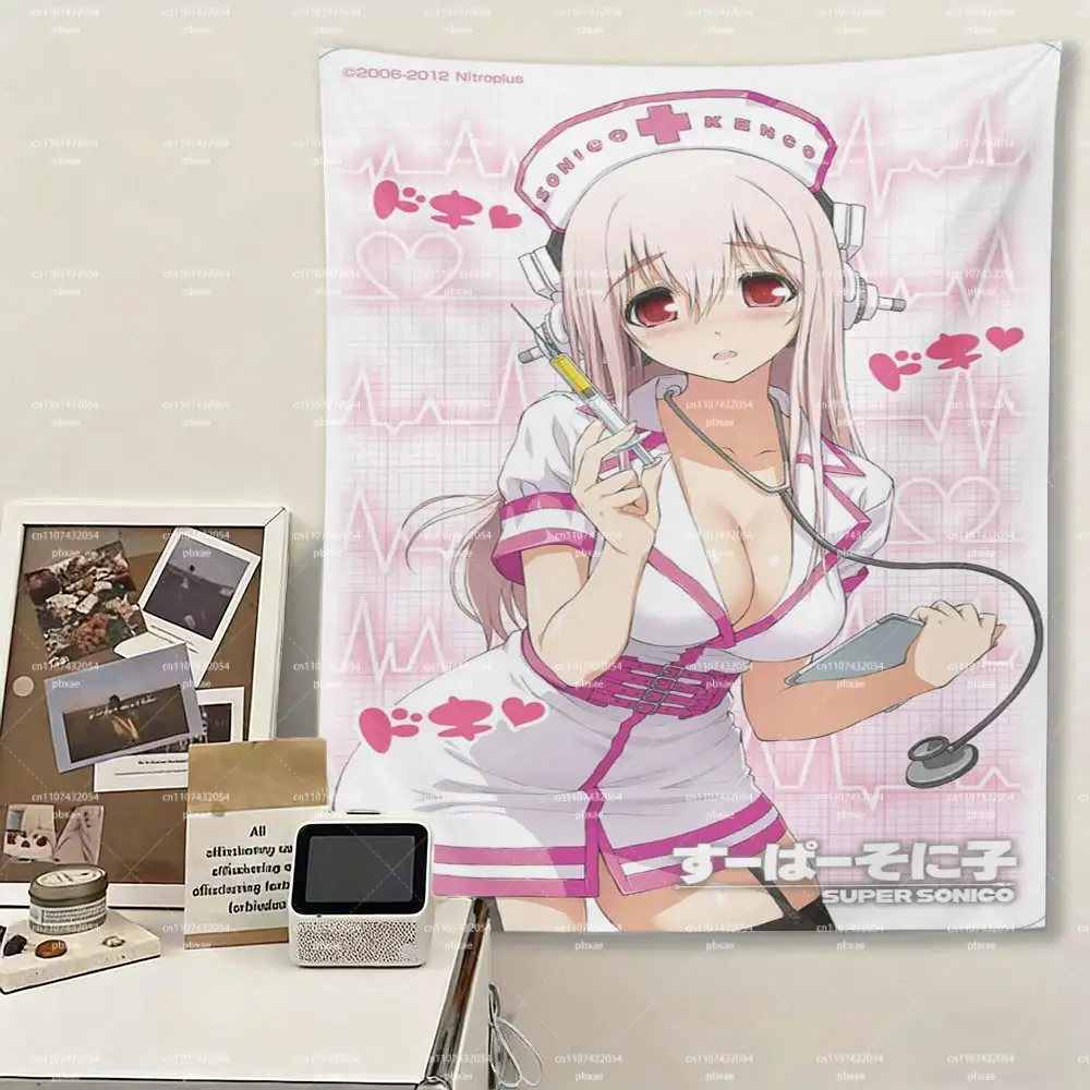 Super Sonico Nurse Anime Tapestry, Pink Heartbeat Wall Hanging, Kawaii Otaku Bedroom Decor for Fans