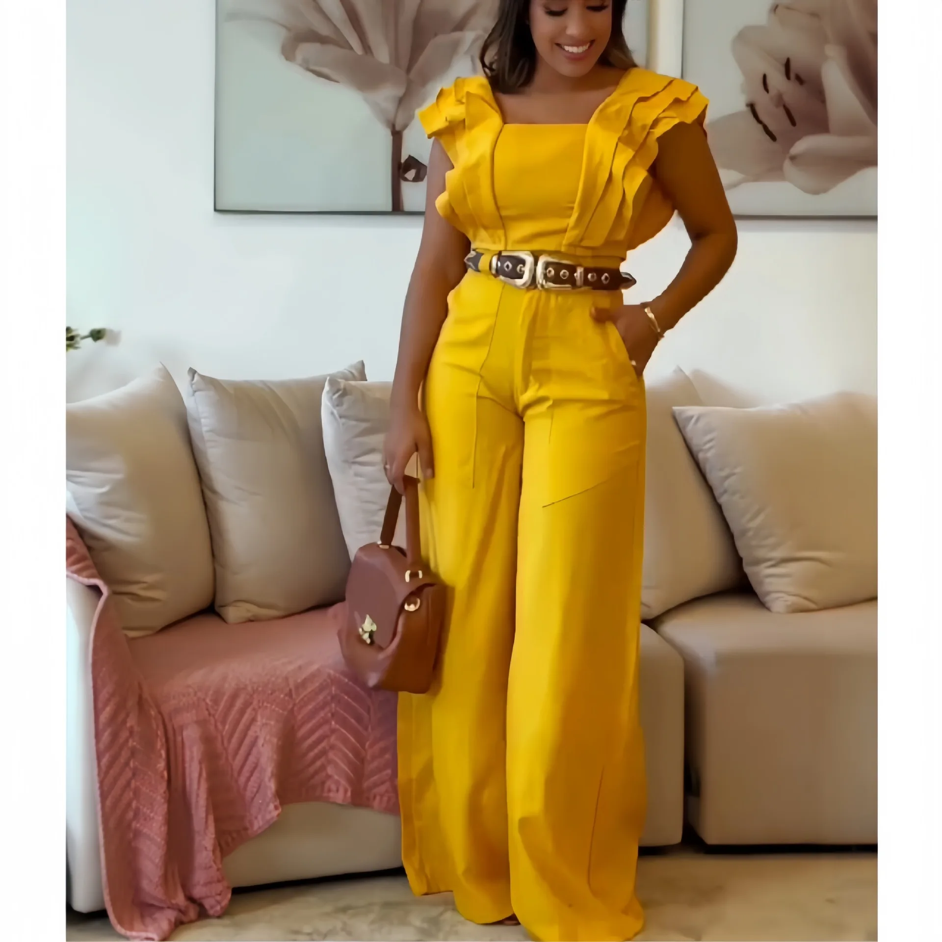 

Lotus leaf edge short-sleeved top showing buttocks high waist wide-leg pants two-piece set fashionable simple and versatile temp