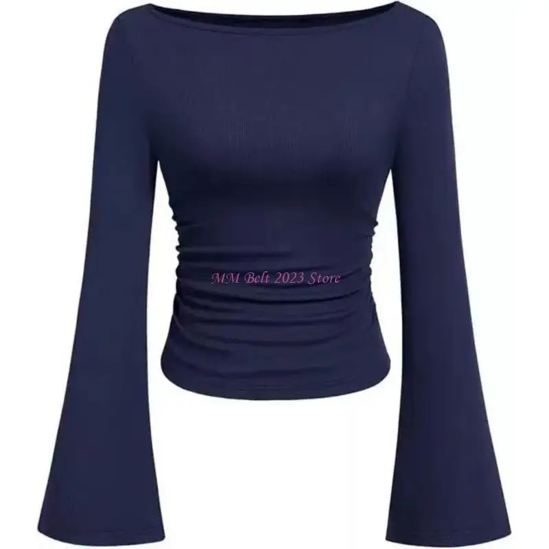 49ME Womens Boat Neck Long Sleeve Shirts Ruched Sides Crop Top Spring Fall Clothes