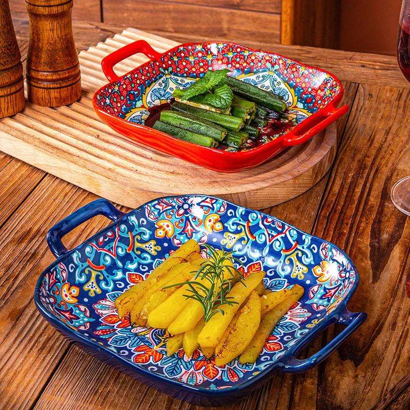 1-4 pcs of 9-Inch Bohemian Style Salad Plate with Double Ear Ceramic Pasta Dish, Can Be Used for Oven, Microwave