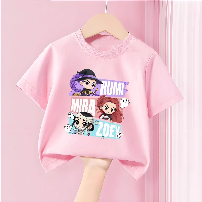 شيطان هنتر الفتاة الوردي تي شيرت القطن لطيف أنيمي مطبوعة الاطفال تيز Y2K Kawaii الشارع الشهير Harajuku قصيرة الأكمام ملابس الصيف #5