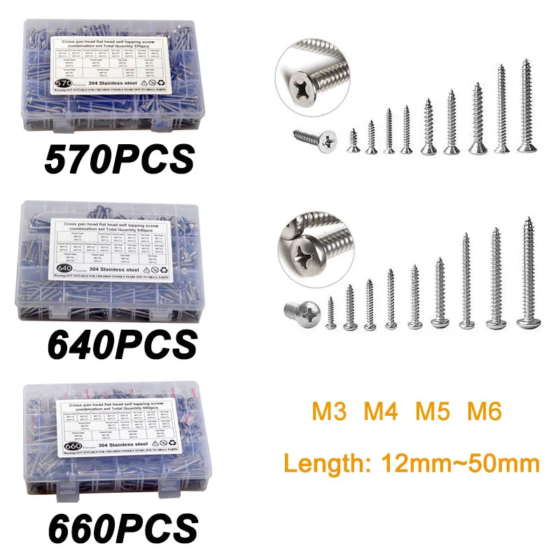 

Self Tapping Screws Assortment Set M3/M4/M5/M6 304 Stainless Steel Sheet Metal Screws Kit Phillips Drive Wood Screw Metal Screws