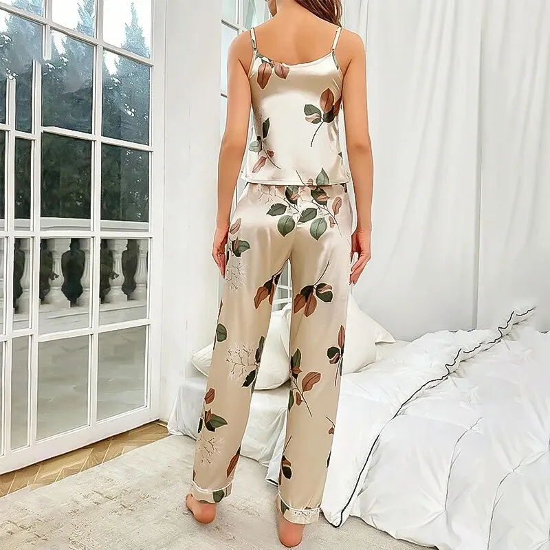 Women\'s Elegant Leaf Print Satin Pajama Set V Neck Cami Top and Elastic Pants for Comfortable Sleep and Lounging Sleepwear