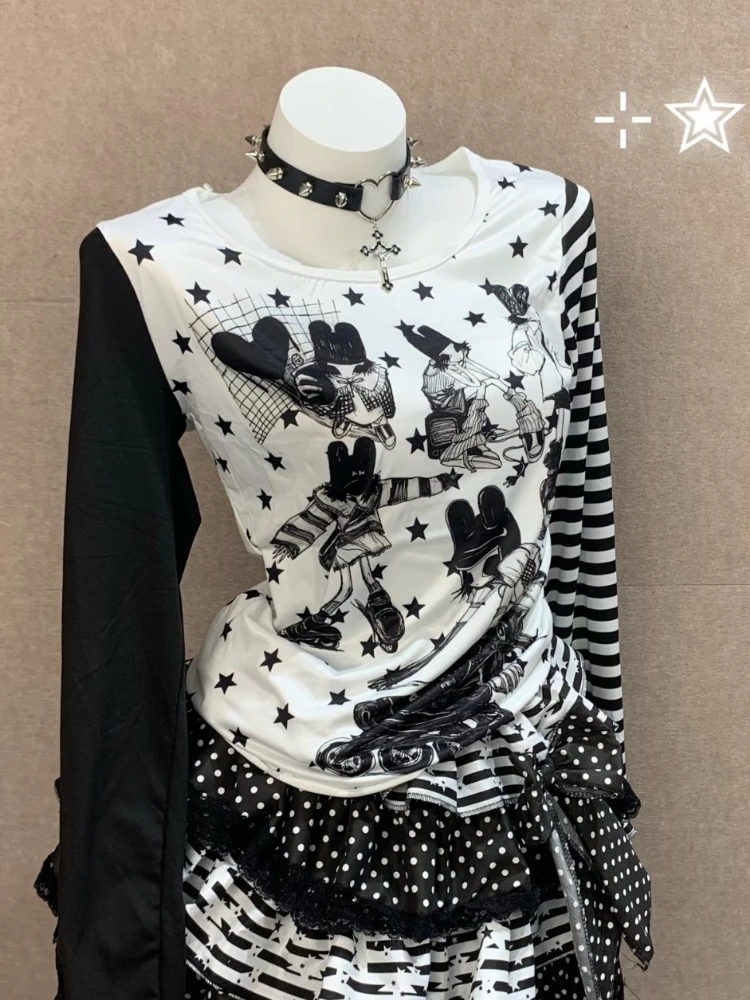 

Субкультура, японский Y2k Millennium Spice Girl, топы, новый дизайн, лоскутная футболка в полоску со звездами, Harajuku, тонкая одежда с длинными рукавами