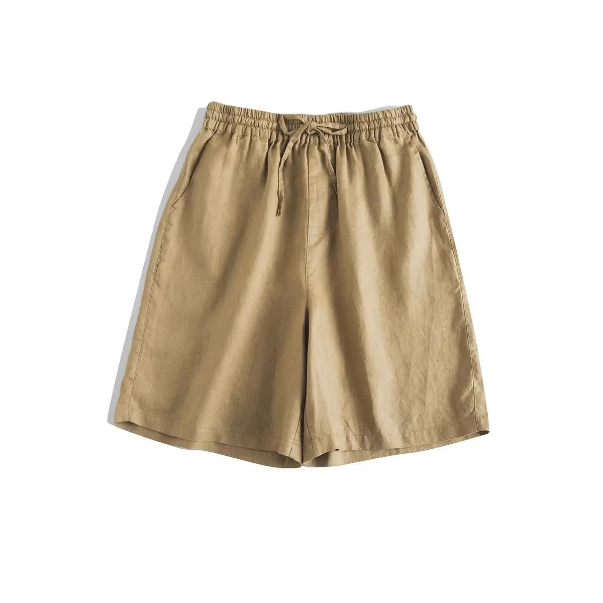 Dave&di Full Linen Wide Leg Shorts, Versatile For Commuting, Artistic Elastic Waistband Five Quarter Pants, Loose Straight Leg