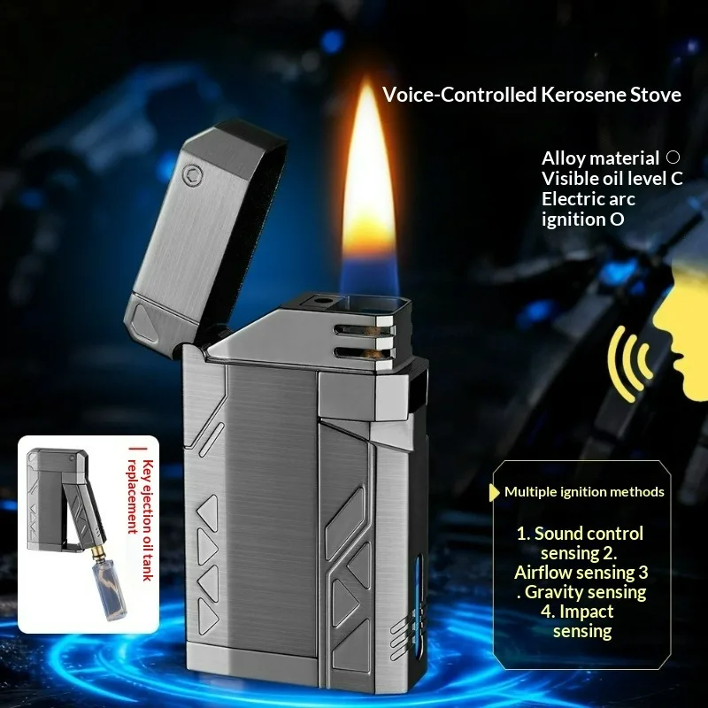 One Click Fuel Tank Replacement Voice Controlled Ignition Windproof Kerosine Lighter Visible Light Oil Tank Electric Lighters