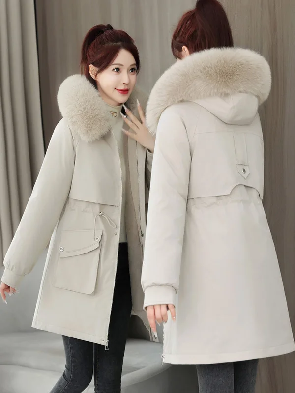 

Women's Winter New Sle down Cotton Jaet eepskin Fce Lined Parka Coat Zipper Closure Korean Sle Mid-Length