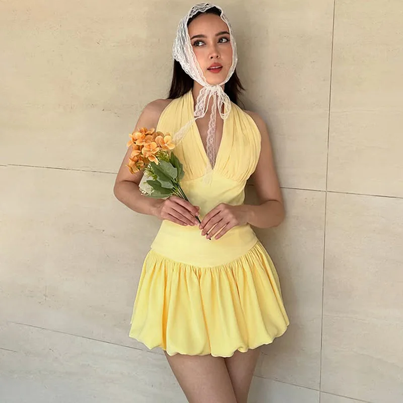 

Ticketsx Elegant V-neck Halter Neck Lace Up Dress Yellow Summer Slim Ruched High Waisted Dress Birthday Backless Women Dress