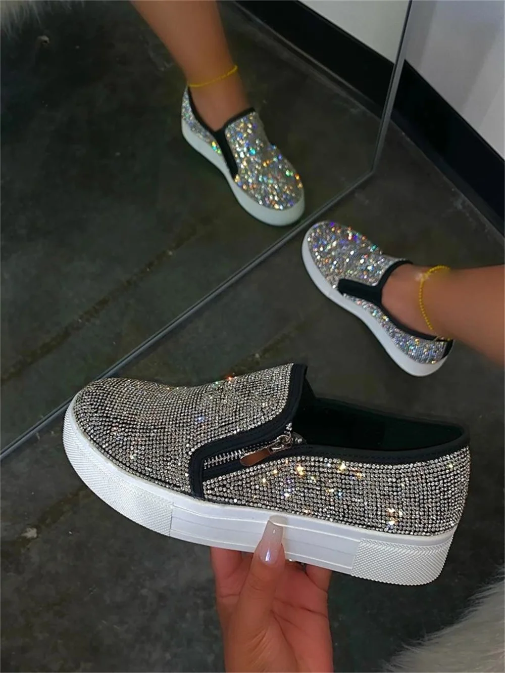 New Rhinestone Shoes Women 2024 All Season Daily Ladies Zipper Slip On Comfy Casual Sneakers Outdoor Running Walking Sport Flats