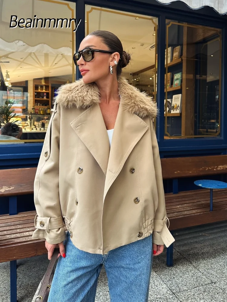 

Women White Fur Collar Pocket Jacket Chic Cropped Breasted Long Sleeve Pockets Loose Coat 2025 Autumn Ladies Daily Street Outfit