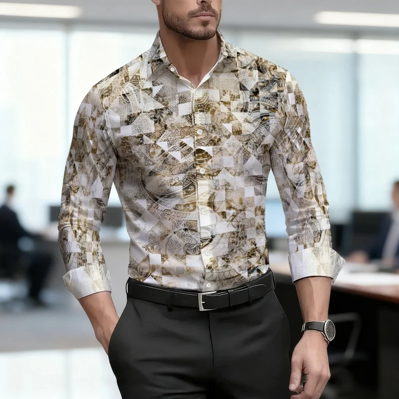 Men's Shirt Long Sleeve Spring Autumn Retro Gold Patchwork Mosaic Splicing Print Lapel Button‑Up Street Business Top Men Clothes