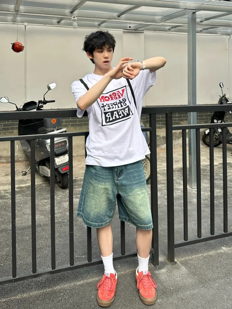 Washed Vintage Men's Denim Shorts High Waist Straight Leg Summer Slimming American Retro Blue Knee-Length Five-Quarter Pants