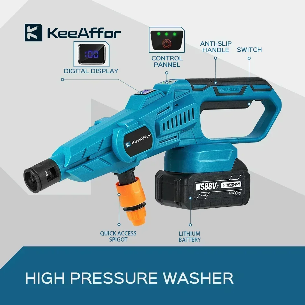 KEEAFFOR 250Bar 3500W High Pressure Brushless Car Washer Gun 6-in 1 Rechargeable Cordless Car Washing Gun for Makita 18V Battery