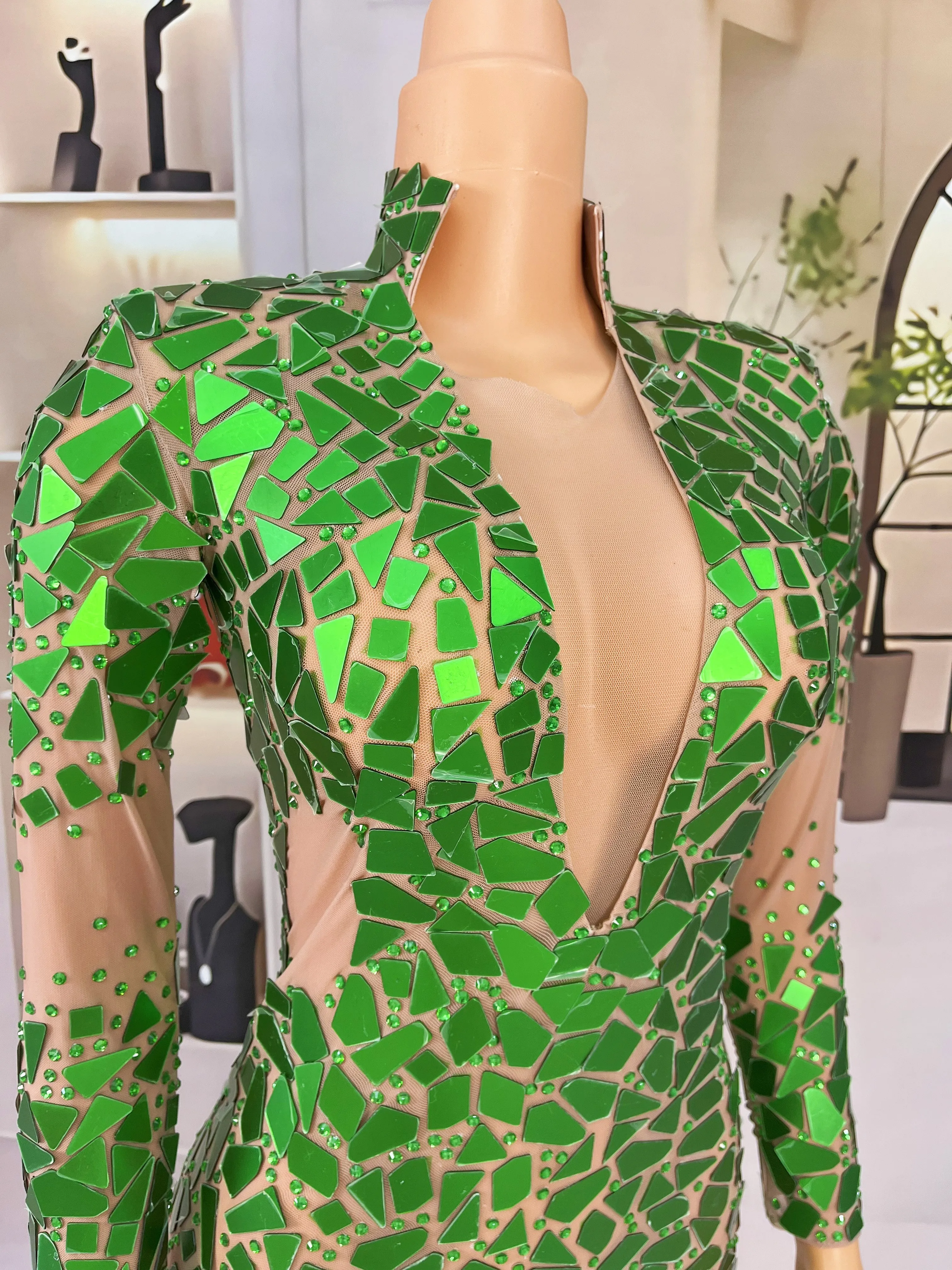 Shiny Green Mirrors Rhinestones High grade Gown Long Sleeves Mesh Dress Evening Prom Outfit Show Stage Perform Costume Feicuijia