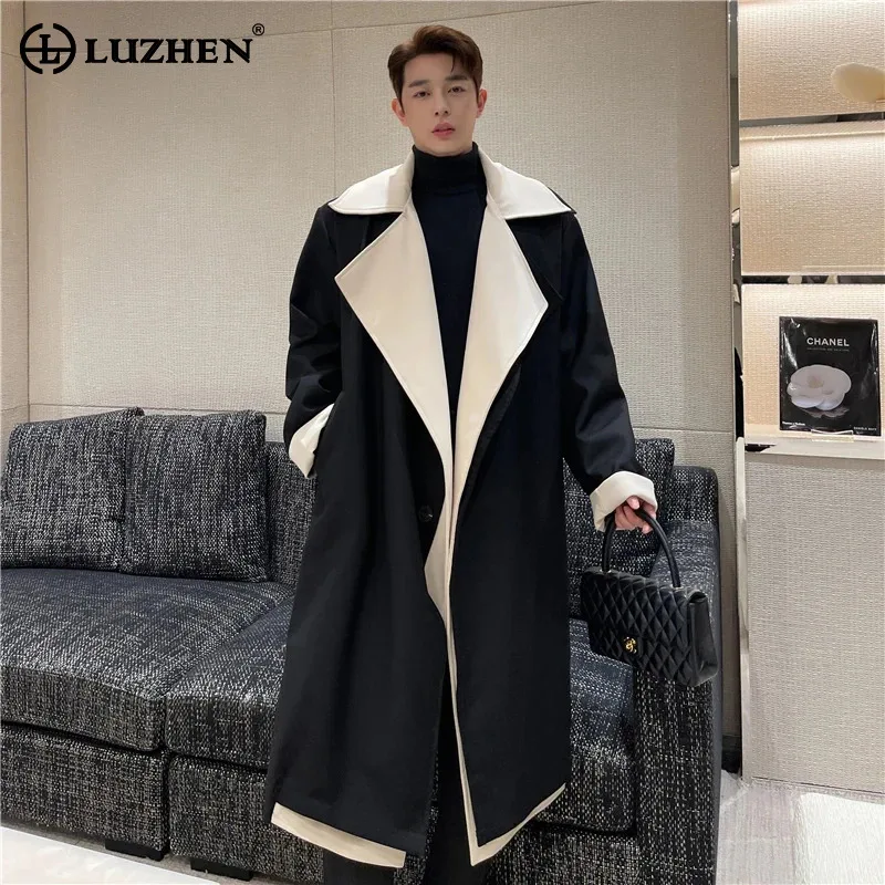 

LUZHEN Elegant Luxury Loose Long Trench Coat Men 2024 Color Contrast Design Autumn Winter Original Windbreaker Outerwear LZ5196