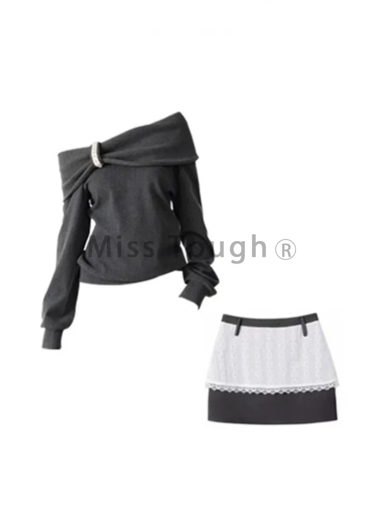 Off Shoulder Sexy Knitted Two Piece Set Women Elegant Sweater + Lace Stitching A-line Skirt Suit Korea Chic Long Sleeved Sets