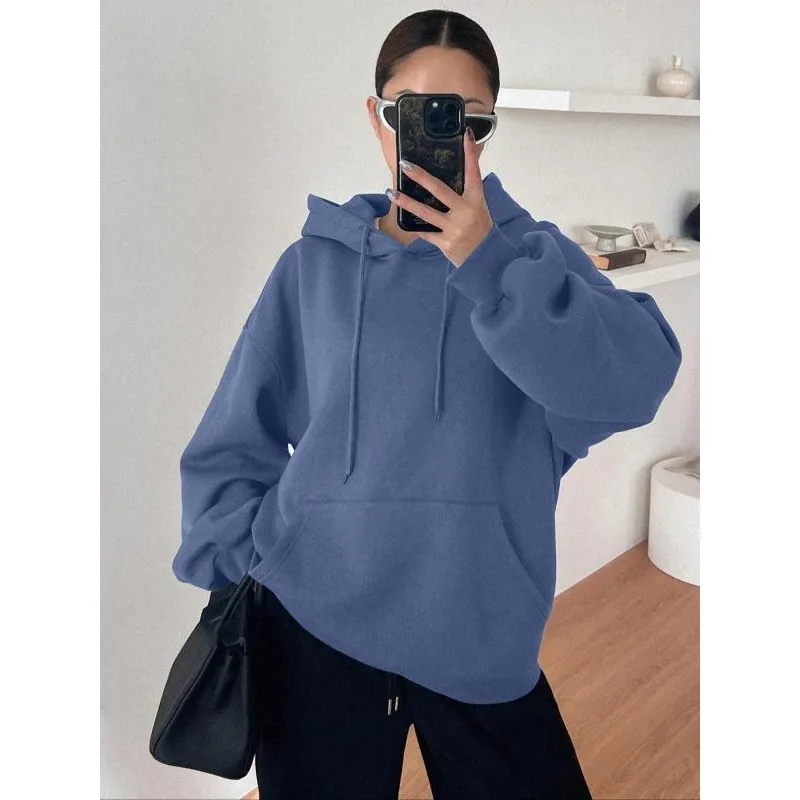 플러스 사이즈 1XL-5XL 새로운 트렌디 레트로 여성 스웨트셔츠 솔리드 컬러 캐주얼 긴팔 풀오버 후디 ﻿