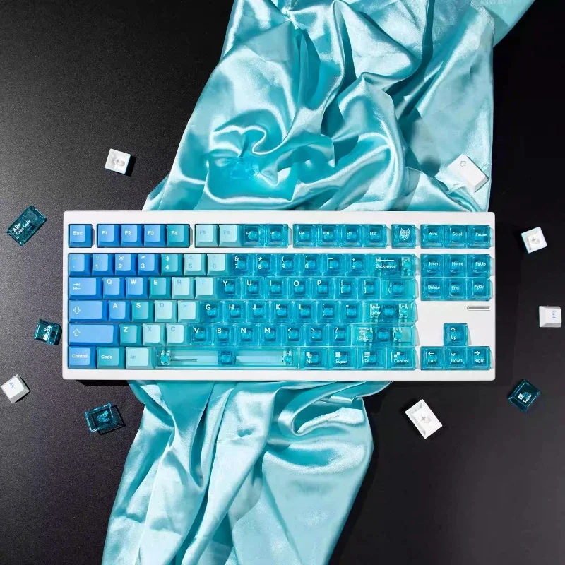 Ensemble de touches de clavier à thème glacier, sublimation PBT, aucun profil, capuchons de touches pour clavier mécanique, PC personnalisé, bleu, transparent