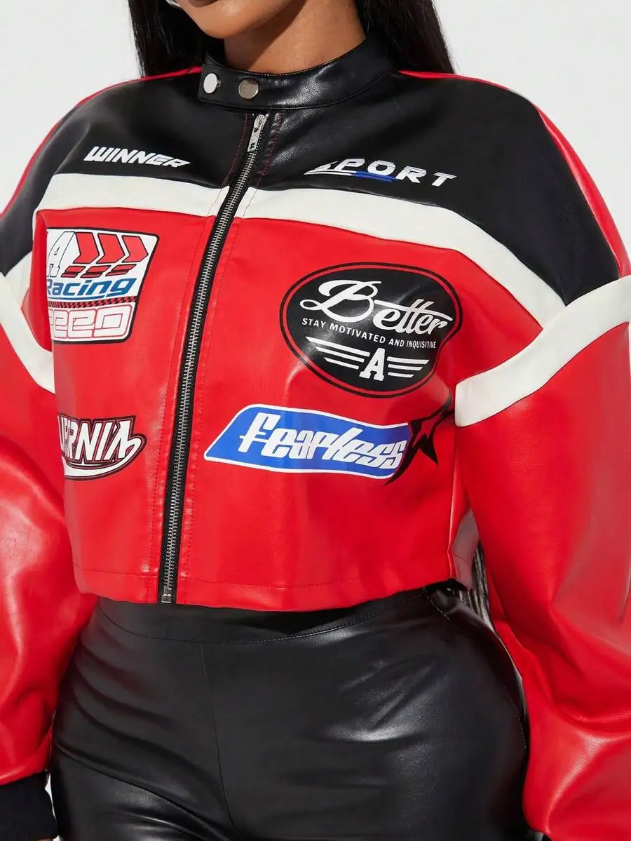 Damska czerwono-czarna kurtka wyścigowa ze skóry PU z naszywkami z literami, styl Y2K Varsity na jesień/zimę