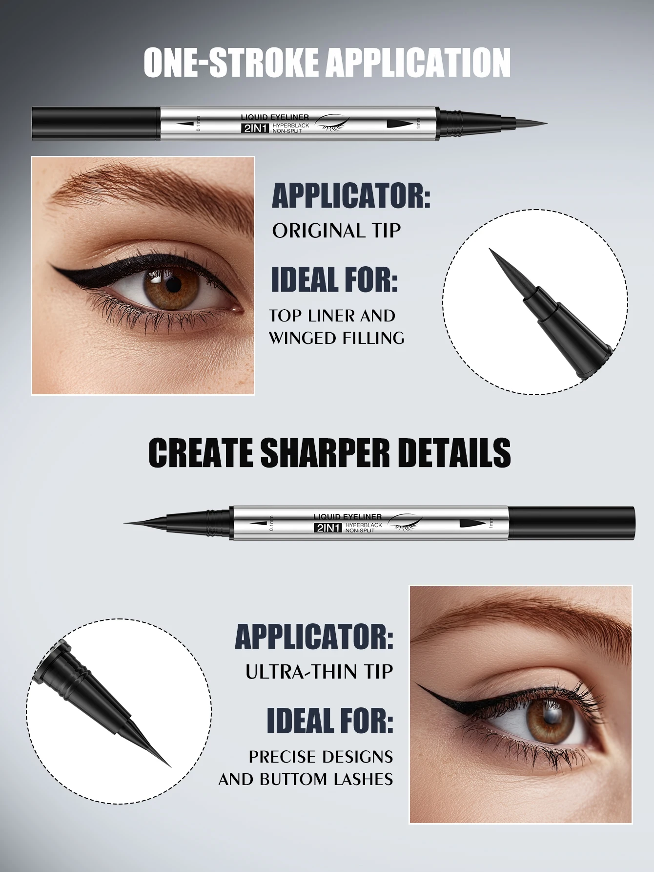 2-in-1 Dual Head Liquid Eyeliner, Ultra Fine Tip, Waterproof, Long Lasting, Smudge-Proof, Quick Dry Smooth Black Eye Liner