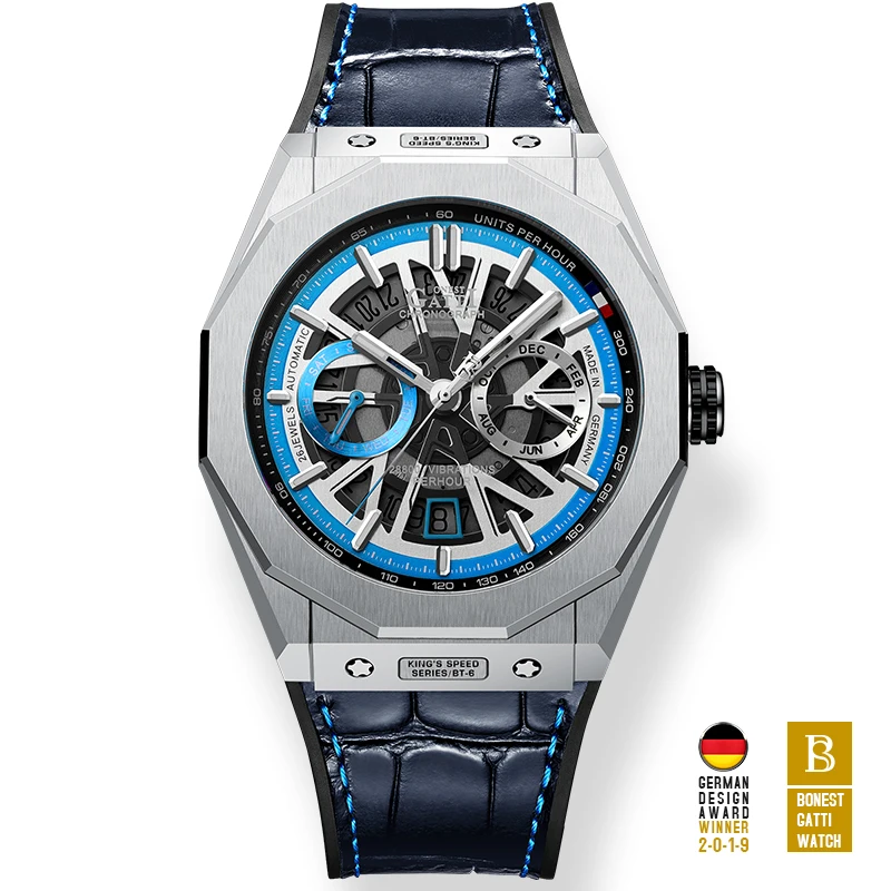 BONEST GATTI Orologio automatico da uomo Orologio da polso meccanico di lusso Scheletro Impermeabile Zaffiro Luminoso Moda Mese Settimana Data