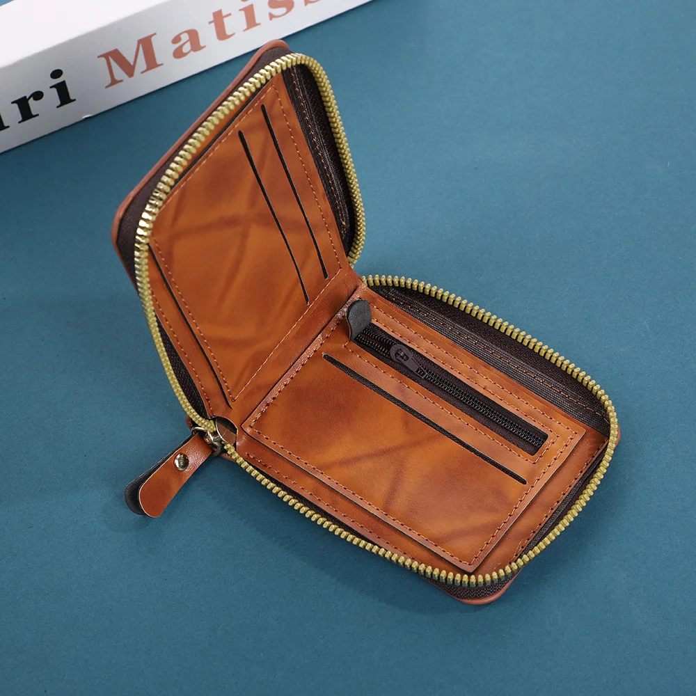 محفظة ريترو خفيفة الوزن للرجال محفظة قصيرة محمولة للعملات المعدنية محفظة أنيقة بسحاب للعملات المعدنية للمناسبات الرسمية والاستخدام اليومي والسفر