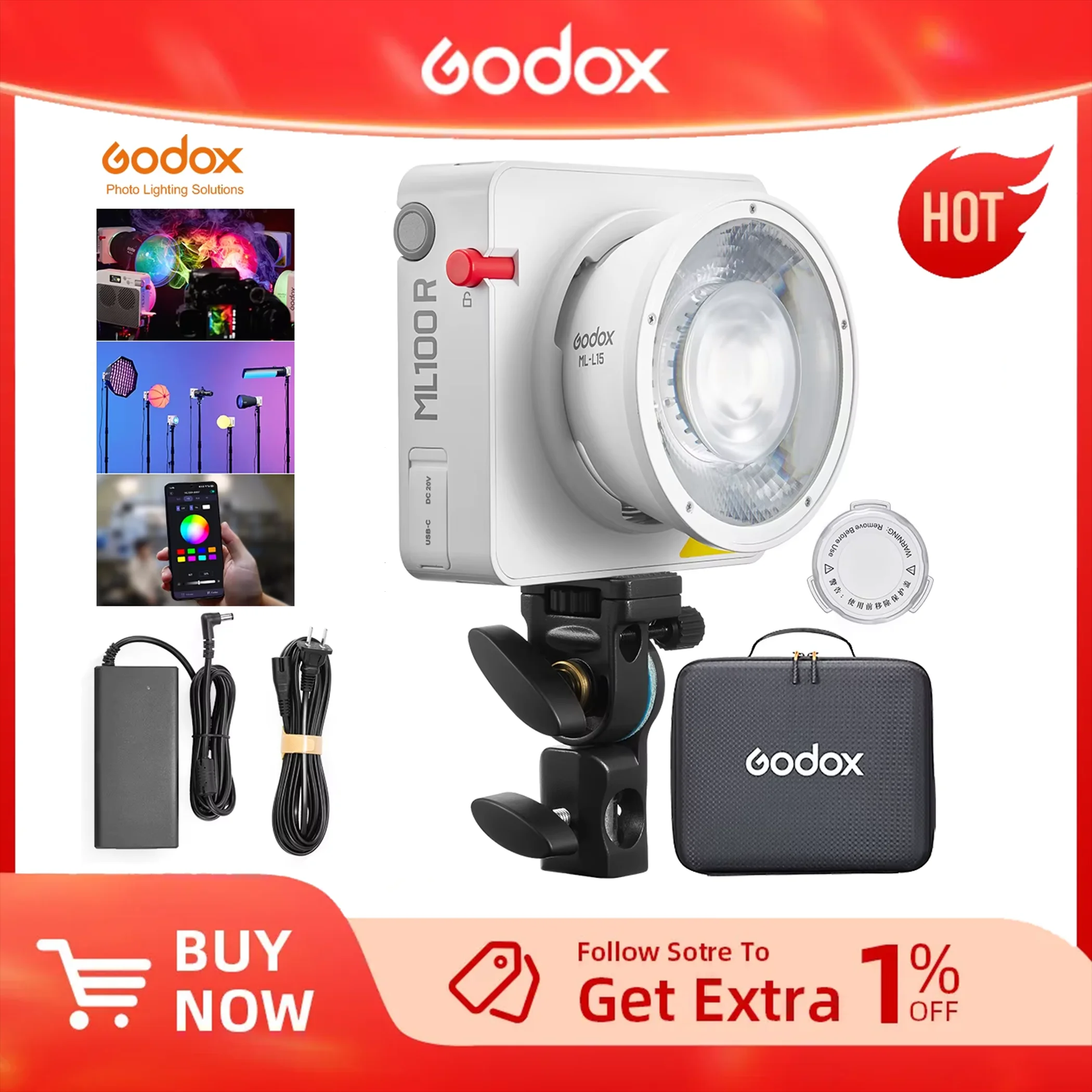 

Godox ML100R Portable RGB Fill Light Full Color LED Video Light 1800K - 10000K, with 14 Creative Effects for Outdoor Shoot