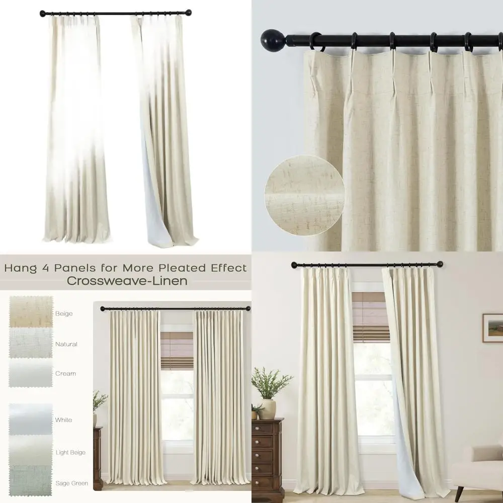 

Set of 2 Beige Linen Pinch Pleat Blackout Curtains, 42x90 Inches for Living Room
