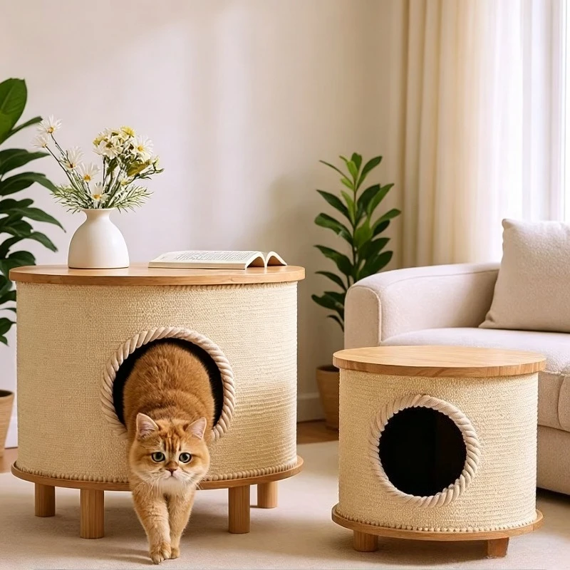 Solid Wood Cat Beds Table Natural Sisal Fiber Non-Slip Cat Scratcher Mat Stool Multi Function Wear-Resistant Pet Furniture