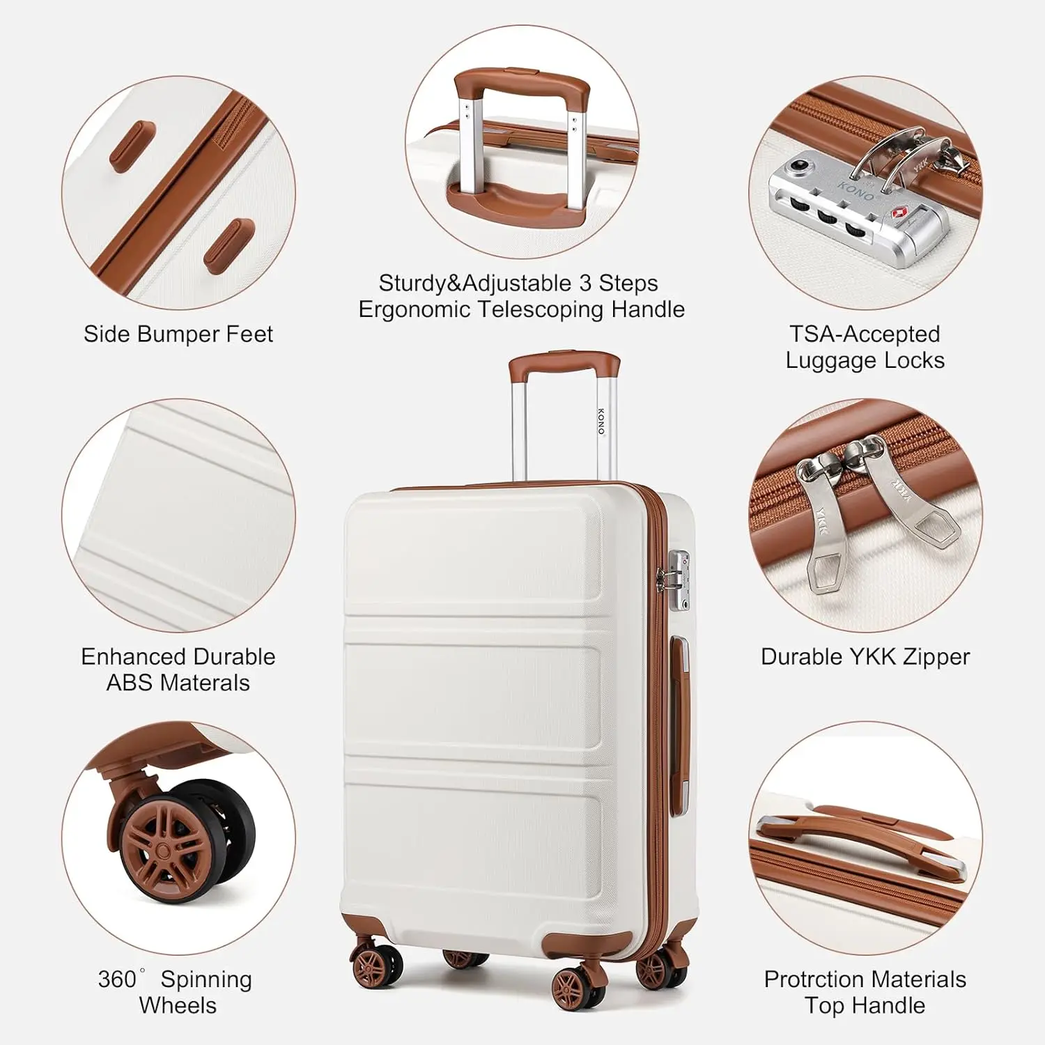Kono Valise Set Bagage rigide à main avec roulettes TSA Lock Spinner (blanc crème, ensemble de 6 pièces)