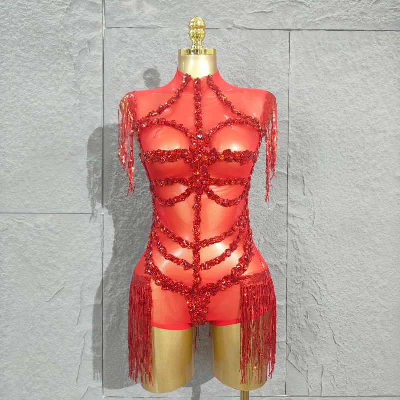 

Очаровательное красное сексуальное блестящее облегающее боди с кисточками и блестящими пайетками, костюм для латинской танцовщицы, сценическая одежда