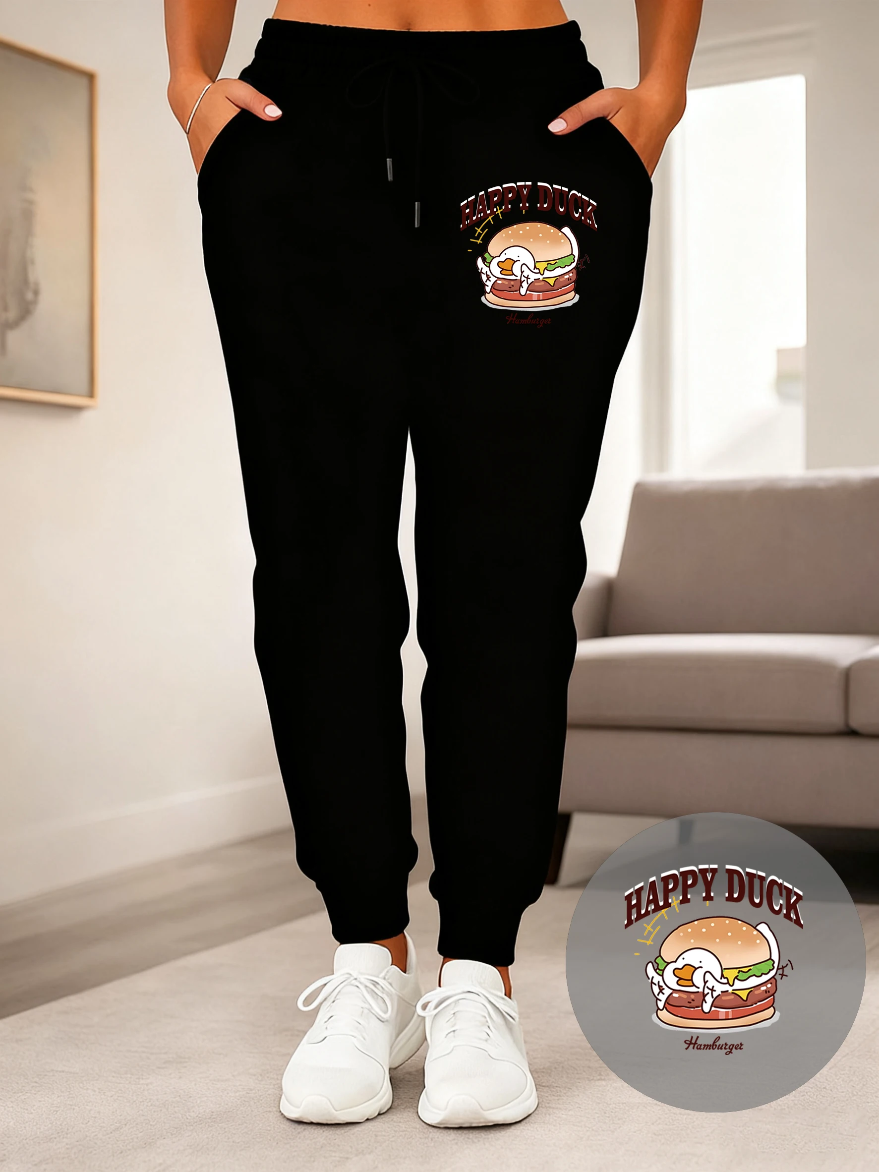 ハッピーハンバーガーダックプリント女性スウェットパンツフリースファッションジョギングパンツ女性ヒップホップ秋のズボン快適なカジュアルパンツ