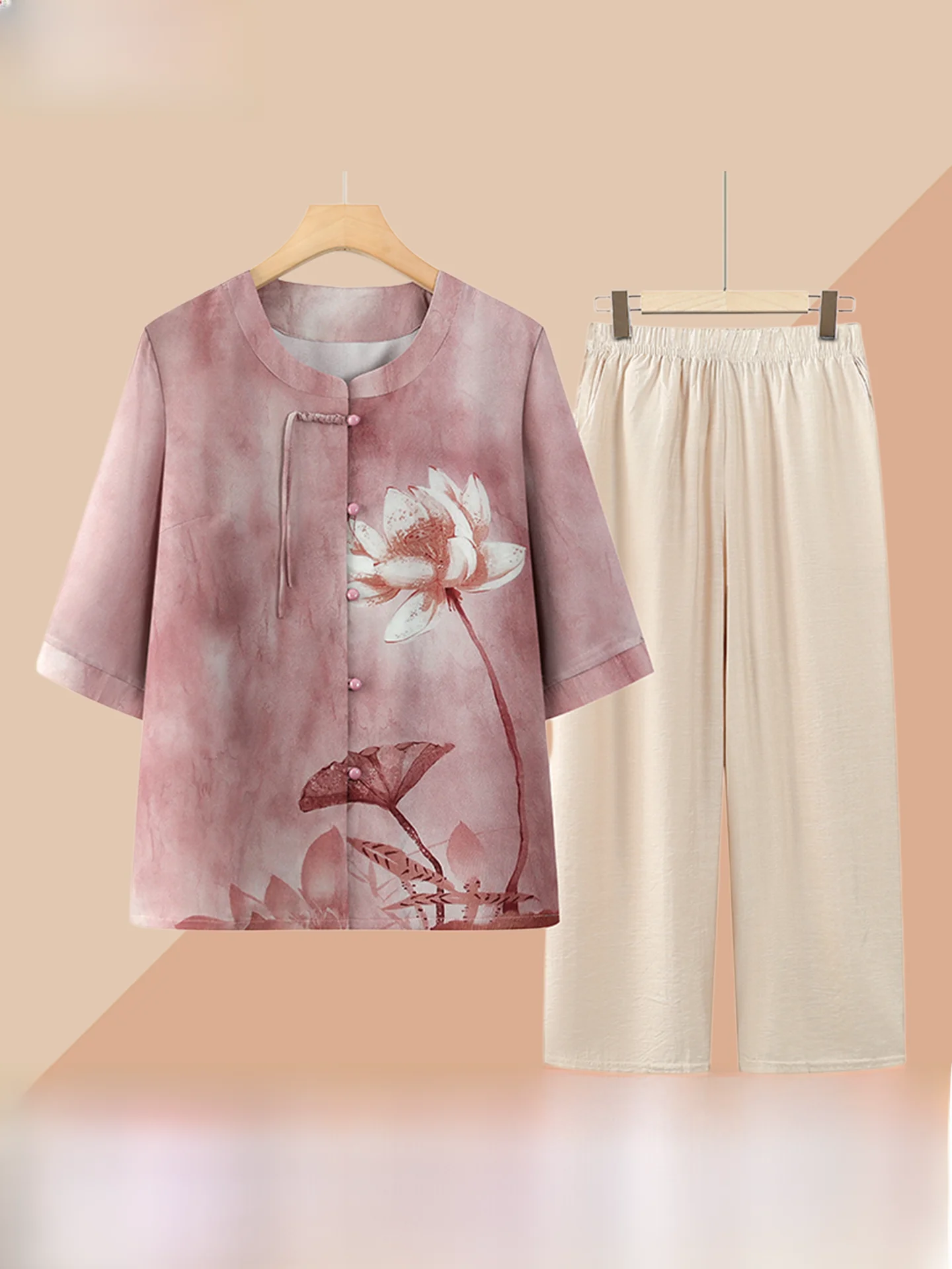 Chinese Style Summer Outfit Shirt Two-Piece Set for Elderly Women Grandmother Open Cardigan Casual Loose Fit Breathable Polye...