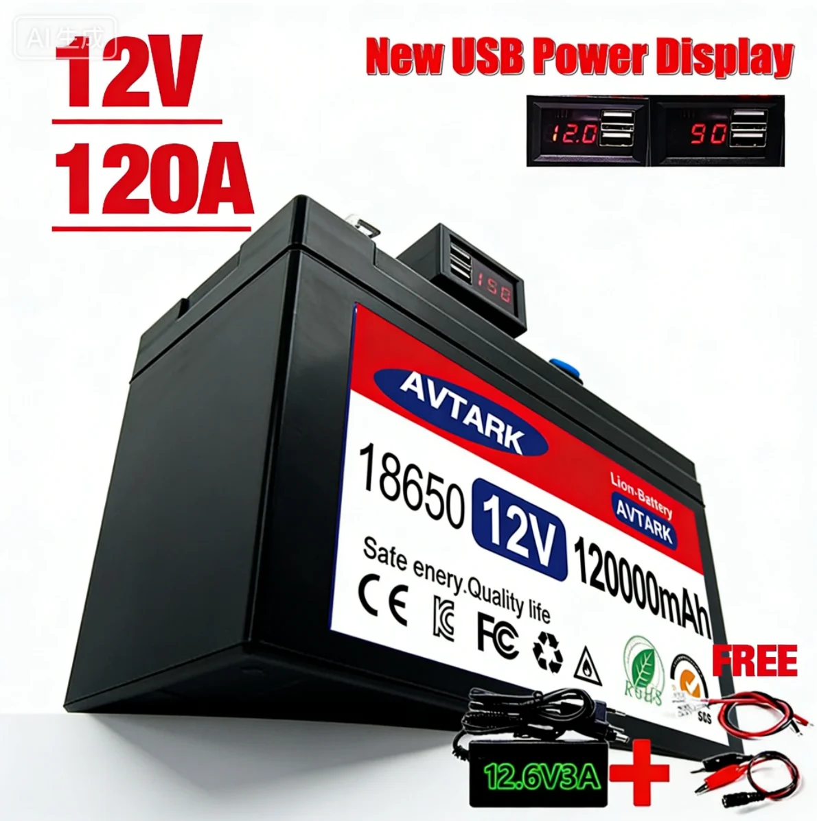 

12V 120Ah Lithium LiFeP04 Battery for Solar Charging,Fish Finder Marine Outdoor Camping Off-Grid Applications with USB Port