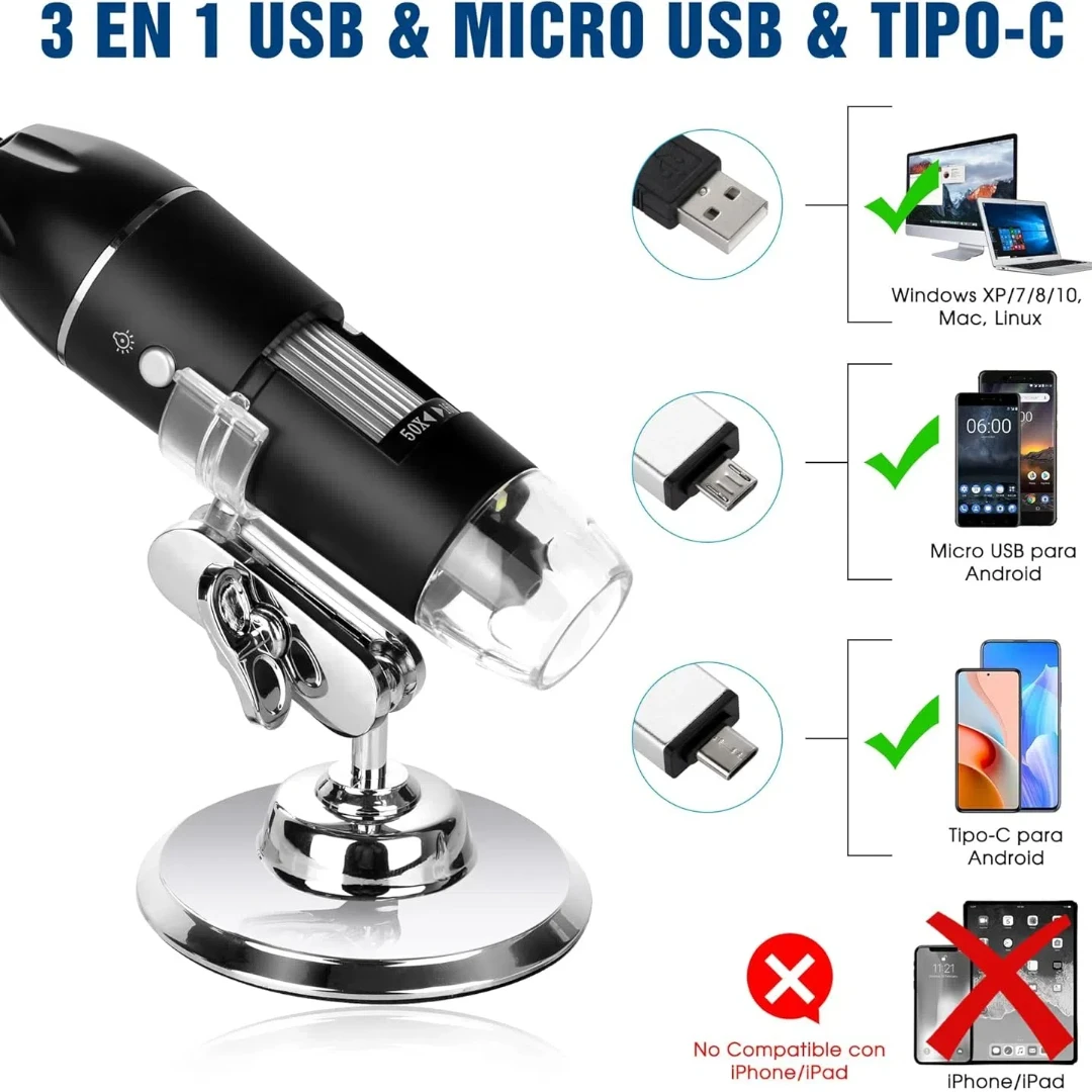 50X*1600X Microscopio Digital USB - Microscopio Electrónico de Mano Portátil - 8 LED Cámara de Endoscopio de Aumento con Estuche