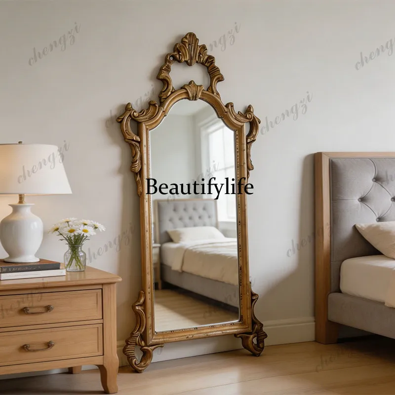 French retro carved arched full-length mirror temperament luxury decorative mirror wall hanging bedroom classical