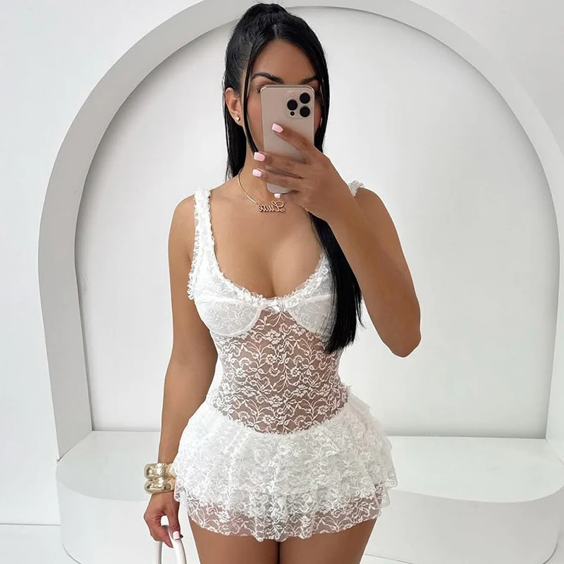 

CUTENOVA Sexy Elegant Transparent Lace Patchwork Dress Delicate Camisole Strapless Multi-Layer Ruffle Dresses Summer New Women'S