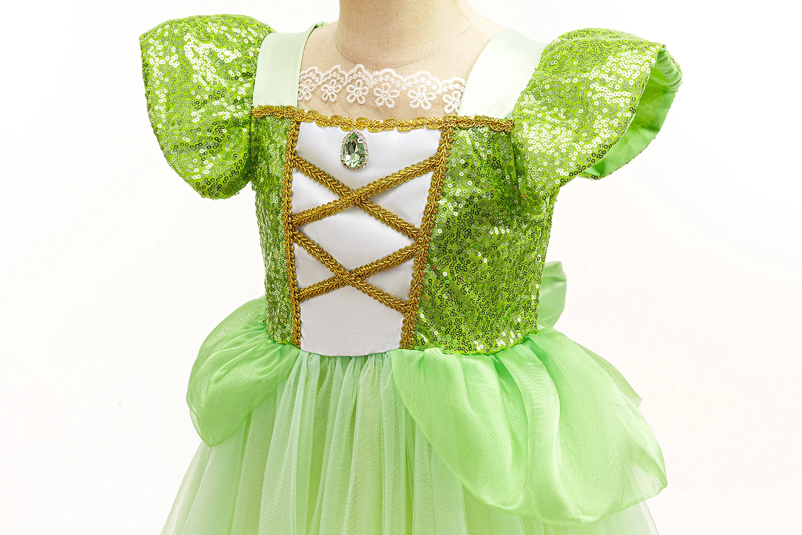 Prinzessin und Frosch Märchenkostüm Mädchen Sommerliches Frisches Grünes Kleid mit Pailletten Flügelärmeln Große Schleife Partykleid Tiana Cosplay Outfit – Detail 4