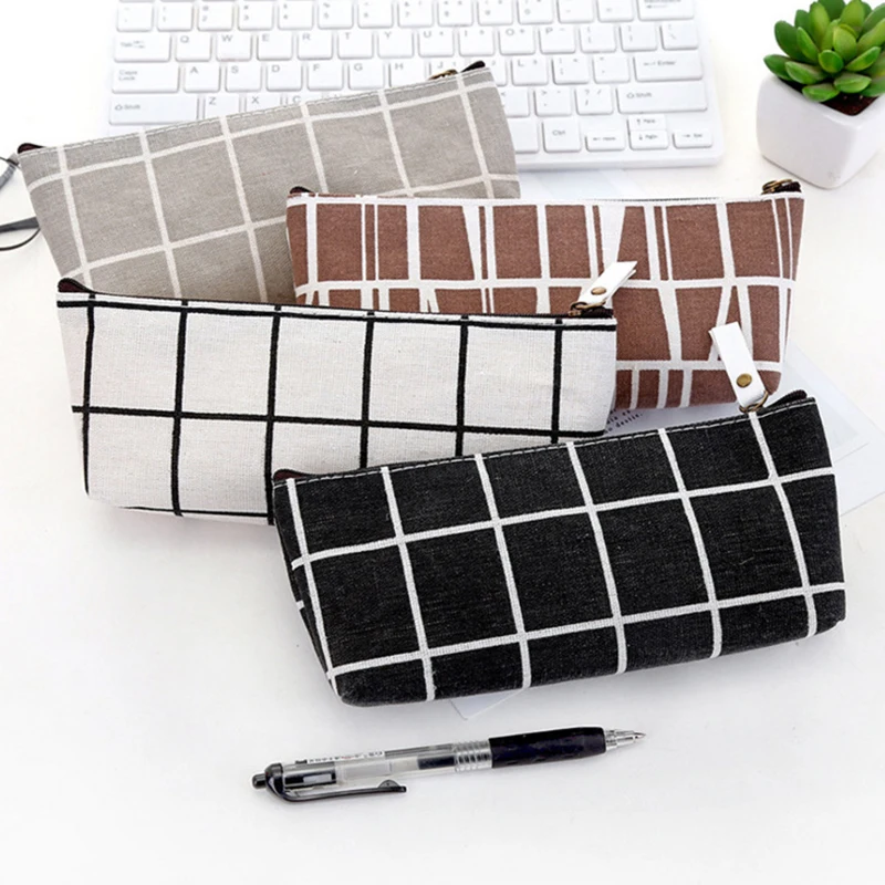 HOT Canvas Geometric Pencil Bag Case School Simple Striped Grid Solid Color Pencil Bag Case Pouch Office Students