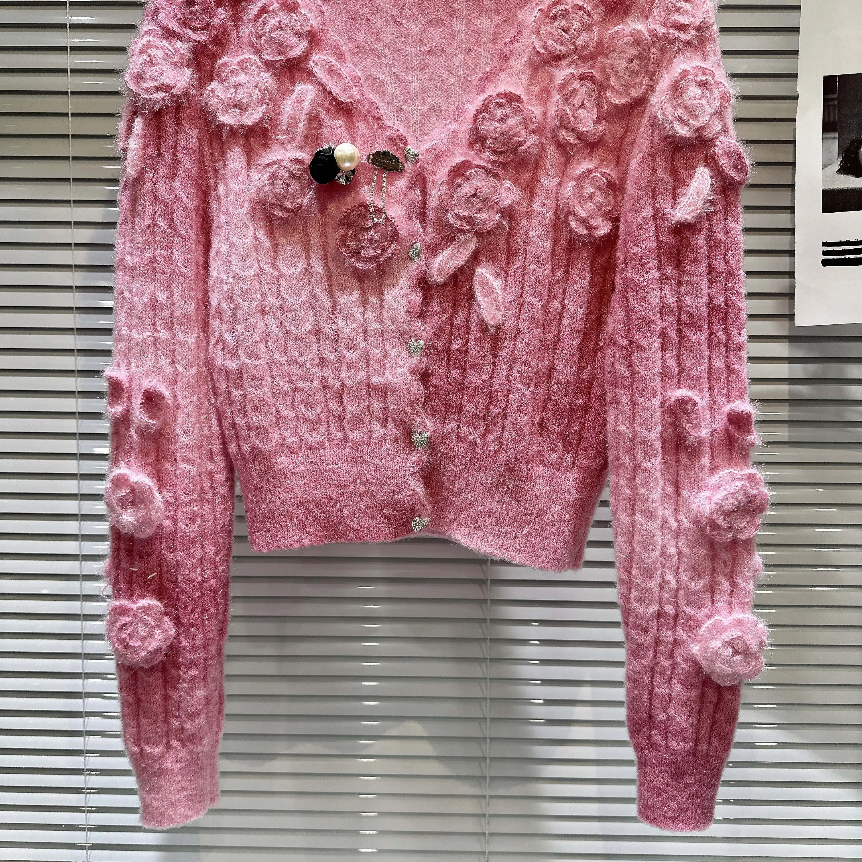 Spring Autumn 3D Flowers Croheted Knitted Cardigan Floral Hooked Sweater Coat Pink Gradient Knitwear Jumpers Crop Tops Sueter
