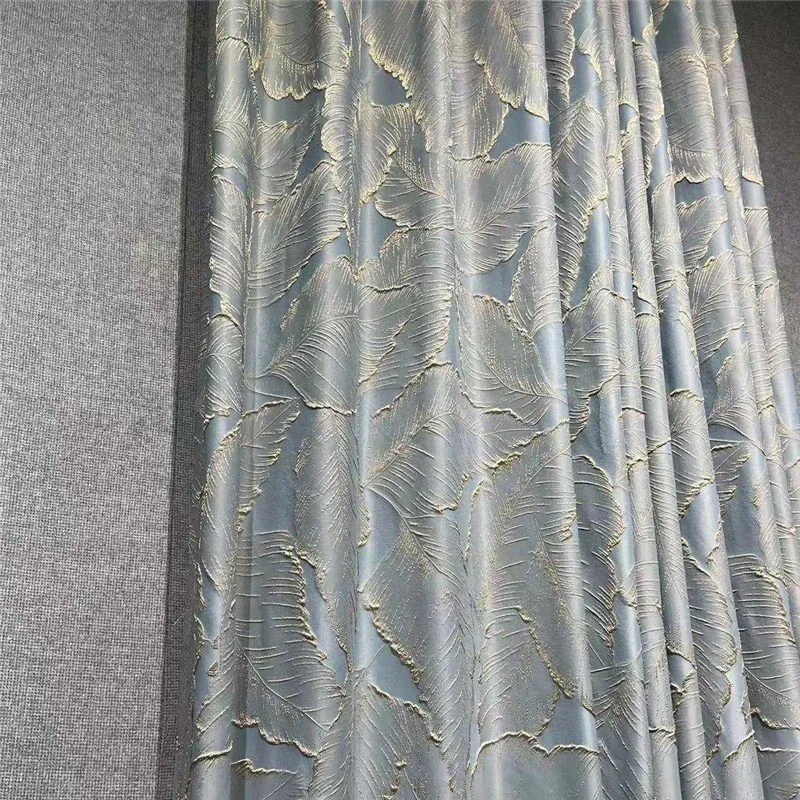 Luxury 3D Light Blue Exquisite  Gold Line Embossed Jacquard Blackout Curtains For Living Room Bedroom Kitchen Study Room Hotel
